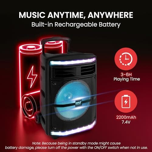 Pyle Portable Bluetooth PA Speaker System - 600W Bluetooth Speaker Portable PA System w/Rechargeable Battery 1/4" Microphone In, Party Lights, MP3/USB SD Card Reader, Rolling Wheels — view 5