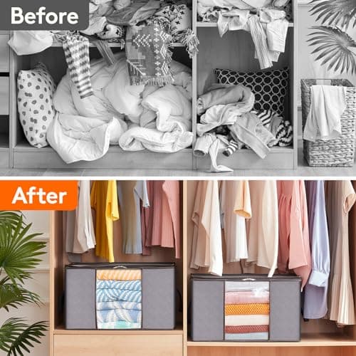 Lifewit 120L Clothes Storage Bags Large Storage Box With Lid Packing Boxes for Moving House With Reinforced Handle Thick Fabric Clear Window for Clothes Duvet Blankets Bedding, 3 Pack, Light Grey — view 3