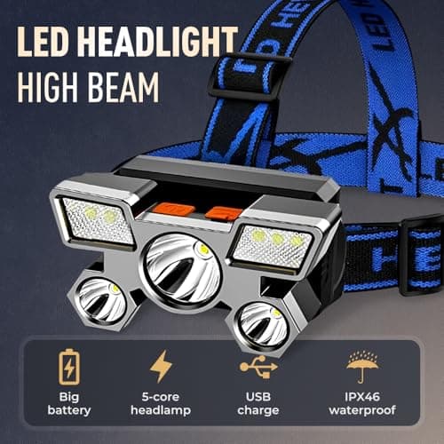 Head Torch Rechargeable, 9900L Super Bright Headlamp with 5 Lights 4 Modes, 800mAh Capacity, IPX46 Waterproof Adjustable Focus Headlight for Running, Hiking, Fishing (Gold) — view 4