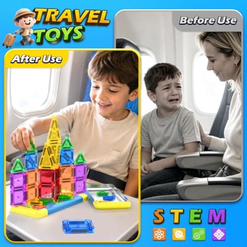 Mini Magnetic Tiles Travel Set with Metal Tin Box, Building Toys for Kids Ages 3-8 Portable Montessori STEM Travel Toys for Boys & Girls Christmas Birthday Gifts — view 2