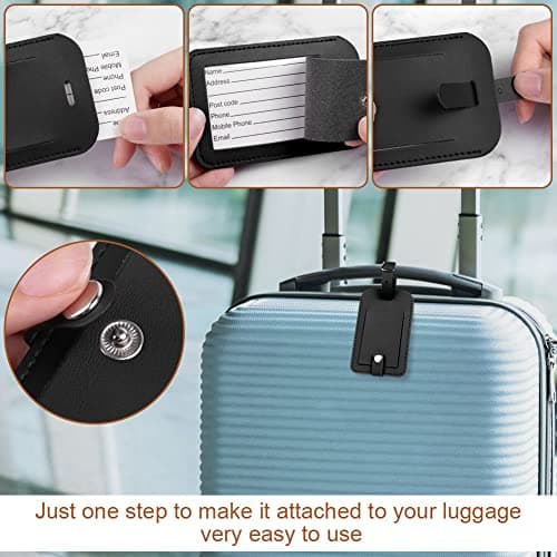 Flintronic 2 Pcs Luggage Tags, Leather Baggage Labels, Suitcase Name ID Card Tag Set, Leather Tags Travel Handbag Accessories for Preventing Loss of Bags(Black) — view 5