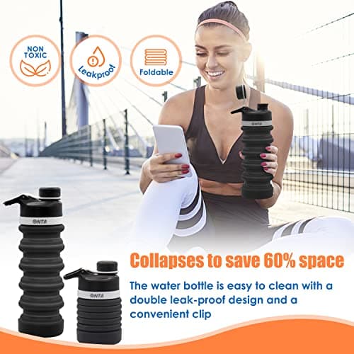 ONTA Collapsible Water Bottle- BPA Free Silicone Foldable Water Bottle for Travel, FDA Approved Food-Grade Silicone Portable Leak-Proof Travel Water Bottle, 20oz Black — view 2