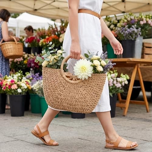 Pumtus Women Straw Bag, Large Hand-woven Summer Beach Handbag, Handmade Straw Tote Bag, Casual Top-handle Rattan Woven Semi-circle Clutch Bag for Women, Travel, Vacation — view 3