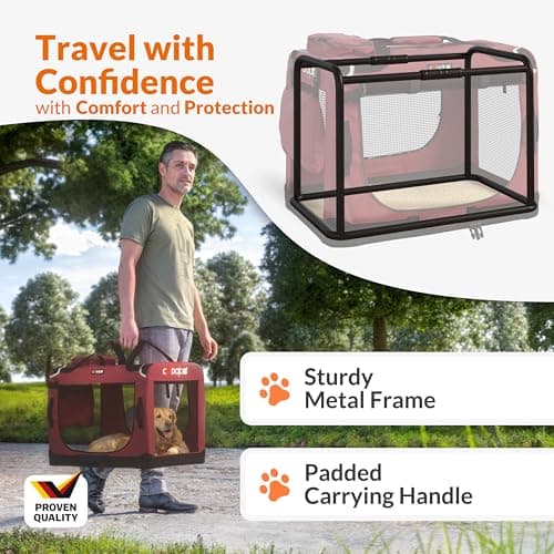 CADOCA Dog Crate Carrier, Car Foldable Travel Cage + Bowl, XL Dark Red — view 4