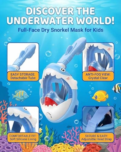 Torlaist Full Face Snorkel Mask Kids Blue Shark Designed for 5-10 Years Old - 180°Super High-Definition View, Anti-Fog, Anti-Leak, and Dry Top Function for Kids Snorkel Mask Diving — view 6