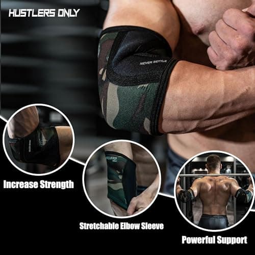 Hustlers Only Elbow Sleeves Weightlifting 5mm Neoprene Compression for Instant Joint Pain Relief Elbow Support Sleeves for Gym Training, Bench & Tendonitis, Fitness, and Workout (Camo, S) — view 5