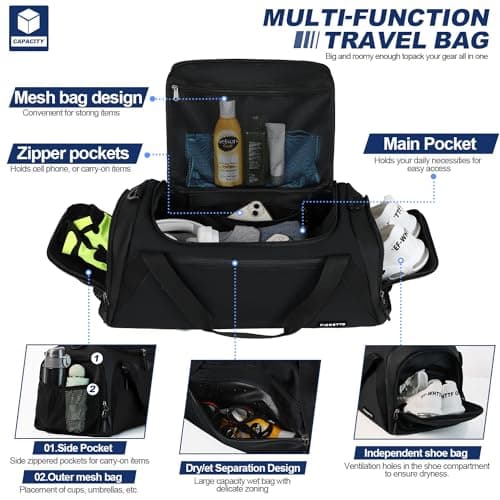 FIORETTO 43L Mens Sports Gym Bag with Wet Pocket & Shoe Compartment, Travel Duffle Bag Overnight Bag with Padded Shoulder Strap, Water-Resistant Holdall for Swimming, Basketball, Football Black — view 3