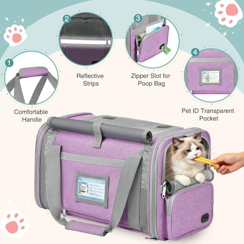 BTNEEU Soft Sided Cat Carrier Bag Airline Approved Large Pet Carrier Portable Dog Carrier Ventilated Foldable Pet Travel Carriers Bag For Cats/Small Dog With Shoulder Strap & Washable Mat (Purple) — view 4