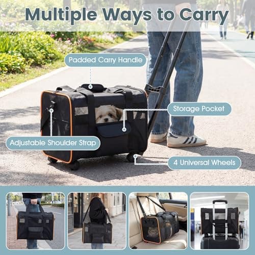 GYMAX Pet Carrier With Wheels, Foldable Soft-sided Dog Travel Crate with Telescopic Handle, Shoulder Strap, Washable Pad, Safety Leash & Storage Pocket, Rolling Cat Carrier (Black,43 x 33 x 32cm) — view 4