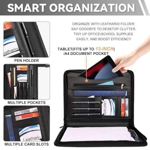 Leathario Portfolio Folder, A4 Conference Folder with Notepad and Pen, Vegan Leather Zipper Padfolio with Pockets for Tablets Notepads Files, Travel Business Portfolio, Planner Document Organizer — view 5