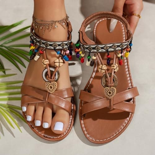 Generisch Boho Sandals with Beaded Roman Strap Casual Flat Beach Sandals for Summer Travel Daily Wear, brown, 5 UK — view 2