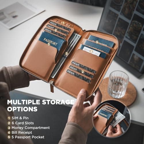 VULKIT Leather Passport Holder Family Travel Document Organizer with RFID Blocking Travel Wallet Slim Dual Slots SIM Card and Multiple Card Holders for Men and Women (Brown) — view 4
