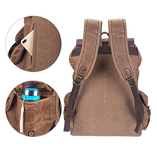 WUDON Leather Backpack for Men, Waxed Canvas Shoulder Rucksack Carry-On Travel Backpack, Coffee, L, Travel Backpacks — view 5