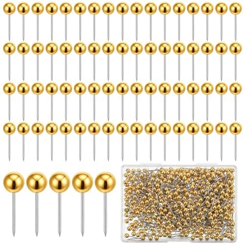 Xinjoduz 500 PCS Gold Map Push Pins, Metal Round Head Cork Board Pins for Travel Small Maps Thumb Tacks Marking Pushpins for Cork Board Bulletin Picture Photo Home Office School DIY Craft