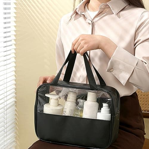 Aucuu 3PCS Clear Toiletry Bag, Wash Bag, Clear PU Makeup Bags, Waterproof Toiletry Travel Bags with Zipper Handle, Portable Airport Cosmetic B-ag for Travel Bathroom Men Women (Black) — view 3