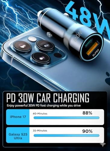 WOW Travel 48W Fast Car Charger Dual Port USB C + USB A, Mini Cigarette Lighter Adapter QC3.0 PD 30W Fast Charging for iPhone 16 15 14 13 12, Samsung Galaxy S25 S24 S23 Ultra, iPad & Android Devices — view 2