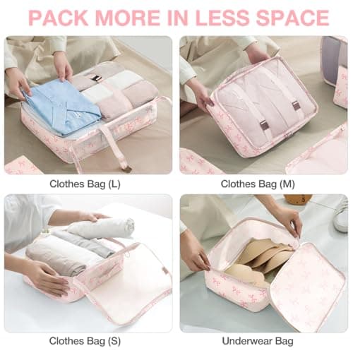 8 Set Packing Cubes for Suitcases,Suitcase Organizer with Shoe,Cosmetics,Clothing, and Accessories Bags for Travel Luggage Organizer Women Men(Pink Bows) — view 4