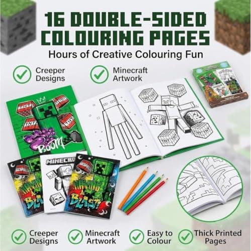 SRV Hub Minecraft Toddler Art Set – 12 Stackable Easy Grip Crayons + 2 Colouring Books (A4 & A5) with 16 Pages | Back To School Washable Crayons & Pencils | Creative Gift for Kids Boys Girls — view 3