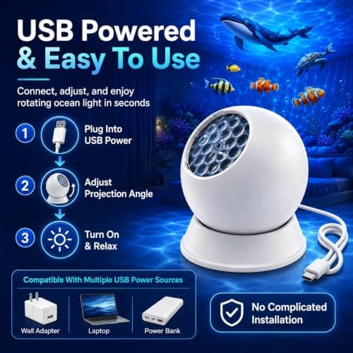 Ten Treasure 360° Dynamic Rotating LED Ocean Wave Night Projector Light USB Powered Ocean Projector Light with Ambient Lighting, Adjustable Multi-Angle Base, for Bedroom,Theater (Ocean) — view 4