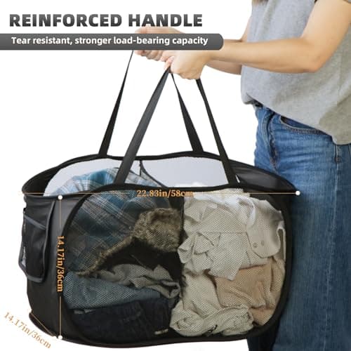 KIAYOO Collapsible Laundry Basket,Foldable Clothes Hamper 2 Compartments with Side Pocket Bag,Pop up Washing Bin Bag for Bathroom,Bedroom,College Dorm,Hotel,Travel,Black — view 6
