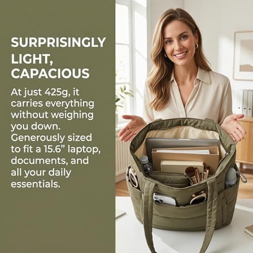 ZJEEACO Puffer Tote Bags for Women, Quilted Handbag for School, Waterproof College Bag with Zip, Lightweight Laptop Tote Bag with Compartments for University Work Gym Beach Travel Swim (Olive Khaki) — view 4