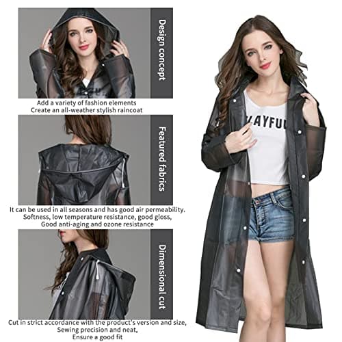 Kcmell Raincoat Adult Portable Rain Ponchos, Waterproof Rain Poncho for Men and Women, Black Transparent Rain Coats Reusable EVA Rainwear for Hiking Camping and Travel (Size XL) — view 3