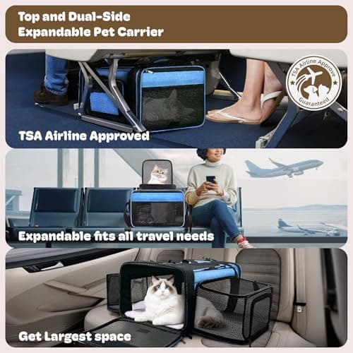 Top and 2 Sides Expandable Cat Carrier 18x13.5x9.5, TSA Airline Approved Dog Carriers for Small Dogs, Soft-Sided Pet Carrier with Self-Locking Zippers for Kitten,Rabbit, Puppy, Guinea Pig Blue — view 2