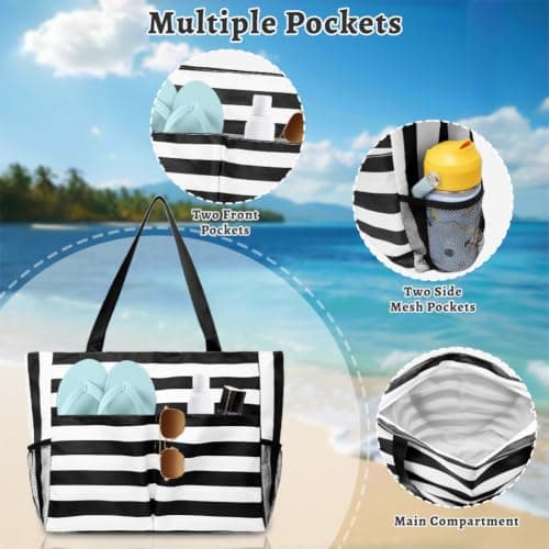 flintronic Extra Large Lightweight Beach Bag, Waterproof Beach Tote Bag with Zip, Foldable Shoulder Bag for Women, Reusable Shopping Bag, for Beach Travel Holiday Swimming Picnic — view 4