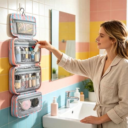 Toiletry Bag for Women | 4 Compartments Waterproof Foldable Pouch with Hook,Cosmetic Travel Bag | for Storage Tote Bathroom Cabinet Cruise Vacation Weekend Shower Suitcase Daily — view 2