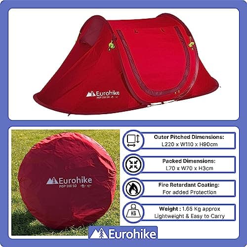 Eurohike Pop 200 Tent for 2 People with Sewn in Groundsheet, 2 Man, Easy to Pitch, Pop-Up Design, Lightweight (Red) — view 4