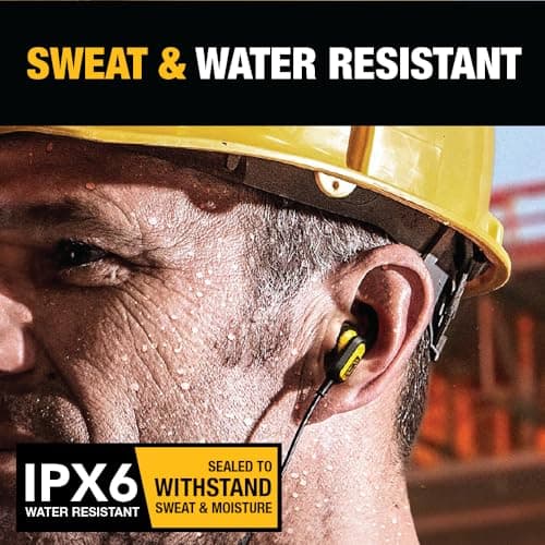 DEWALT Heavy Duty Wired Earphones with Microphone, Jobsite Earbuds Wired 3.5mm, Water-Resistant 3.5mm Earbuds with Mic, Connected Headphones for Outdoor Work — view 2