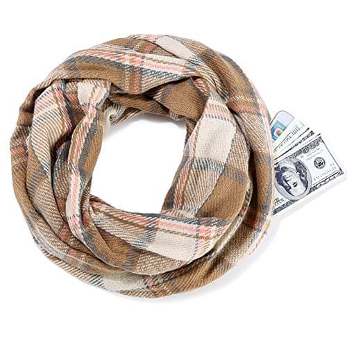 LA HAUTE Women's Checkered Infinity Loop Scarf with Zipper Pocket Secret Hidden Pocket Travel Cashmere Snood Shawl — view 2