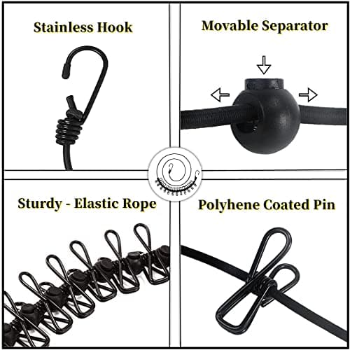 Portable Clothesline,Retractable Clothesline for Travel,Clothing line with 12 Clothes Clips,for Indoor Laundry Drying line,Outdoor Camping Accessories (black) — view 6