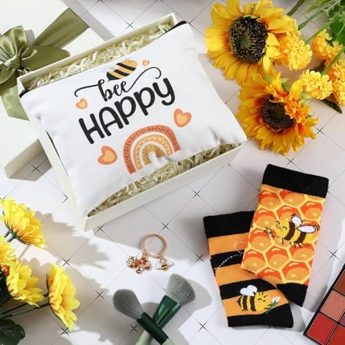 Xuniea 3 Pcs Thank You Gifts Set Women Inspirational Travel Cosmetic Bag Themed Keychain and Socks for Staff Teachers Nurses Christmas Birthday Gift(Bee Style,Yellow and Black) — view 3
