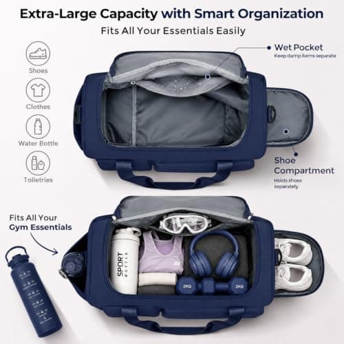 FIORETTO Gym Bag Womens, Sports Bag with Shoe Compartment, Navy Blue — view 3