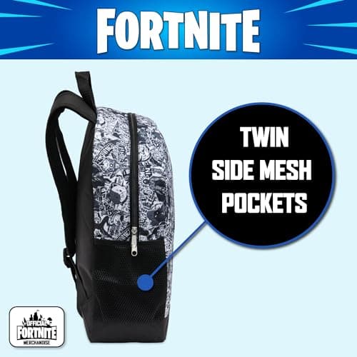 Fortnite Kids Backpack – Black & White Graffiti School Rucksack with Bottle Holders – Official Licensed, 42 x 32 x 12 cm — view 3