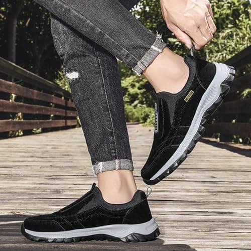 Slip On Trainers Men Walking Shoes with Arch Support, Lightweight Mesh Lining Hiking Shoes, Wide Toe Non-Slip Work Trainers, Waterproof Mountain Trekking Athletic Trainer, Travelling, Camping Black — view 2