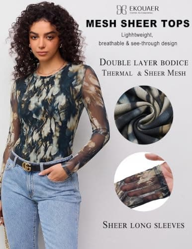 Ekouaer Women's Mesh Long Sleeve Tops Sheer Thermal Shirt Abstract Tonal L — view 5