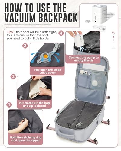 WEPOET Vacuum Backpack Travel with Pump Women, Carry On Ryanair Cabin Bags Flight Approved, Large Capacity Laptop Backpack for Men, Waterproof Travel Bag with Vacuum System(Grey) — view 3