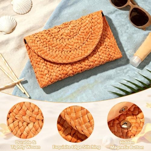 Paxory Straw Beach Clutch Bag for Women, Summer Boho Handmade Woven Beach Handbag, Casual Straw Clutch Bags for Summer Sandybeach Travel Holiday Vacation (Orange) — view 5
