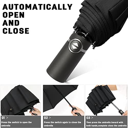 DORRISO Automatic Open/Close Folding Umbrella - Extra Strong Windproof Portable Compact for Men Women - Travel Business Sun and Rain Protection - Black — view 5