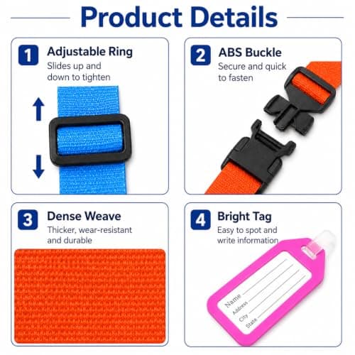 4Pcs Luggage Straps, Adjustable Suitcase Strap with 4Pcs Luggage Labels, Suitcase Identifier Belts Travel Packing Belt, 4 Colours Personalised Luggage Straps for Suitcases Baggage — view 2
