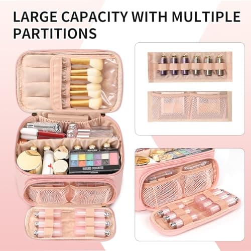 Large Makeup Bag Travel Cosmetic Bag with Makeup Brushes Compartment Pink — view 5