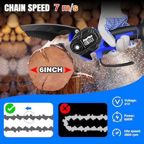 Mini Chainsaw Cordless 6-Inch Handheld Small Chain Saw with 2X Battery, Blue 21V Battery Powered Portable Electric Mini Chainsaw with Safety Lock for Courtyard Garden Household Tree Branch Trimming — view 3