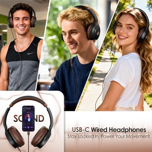 INFURTURE USB C Headphones Wired Brown Over-Ear Headphone with Microphone — view 2
