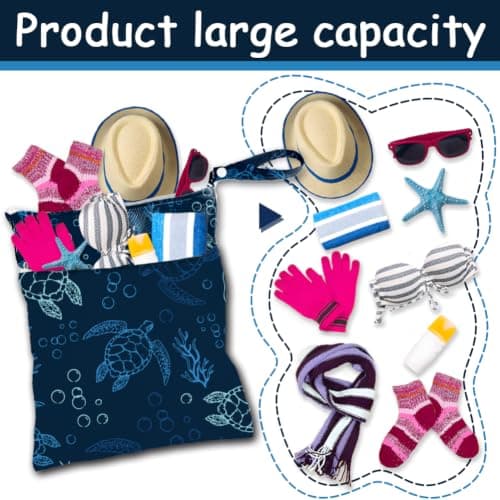SUPERDANT Sea Turtle Waterproof Wet Bag Large Capacity Foldable Dry Pouch Navy Blue Polyester Double Zippered Pockets for Swimsuit Towel Beach Gym Cruise Travel 36x30cm — view 4