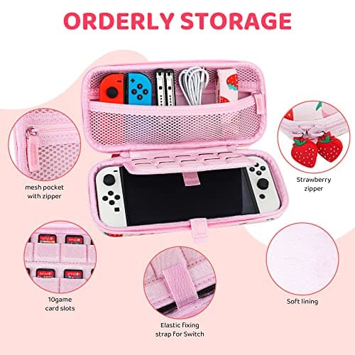 FANPL Carrying Case for Nintendo Switch and Switch OLED Accessories, Pink Strawberry Travel Case Bundle with Adjustable Shoulder Strap, Thumb Grips, Hard Switch Protective Case Cover Anti-Scratch — view 3