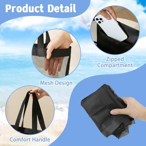 KUAOOAUK Large Mesh Tote Bag with 9 Pockets, Black Waterproof Beach Bag — view 4