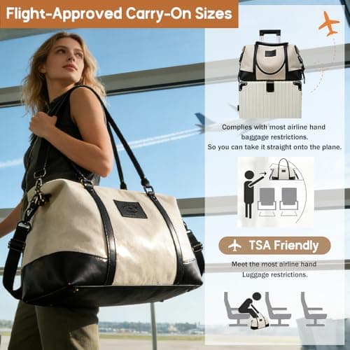Travel Duffle Bag for Women, Canvas Carry On Weekender Overnight Bags with Wet Pocket, Gym Tote Bag for Business Trip Sports, Beige Black, 16.9 x 10.6 x 5.9 inches, Weekender Duffel Overnight Bag — view 4