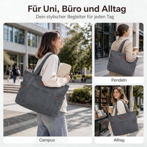 Captain Blues Tote Bag for Women with Zip, Large Capacity Work Bag with Compartments & Pockets, Soft Cotton Lining, for College, Teacher, Uni, School, Travel, Shopping (Grey) — view 6
